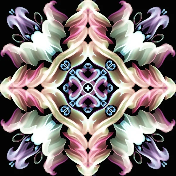 Meerkleurig Ornamentelement Een Zwarte Achtergrond Abstract Symmetrisch Patroon Psychedelische Stijl — Stockfoto