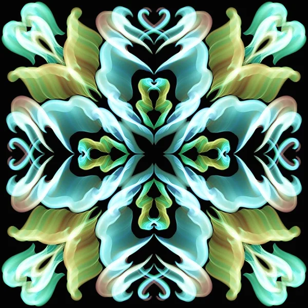 Vícebarevný Ornamentální Prvek Černém Pozadí Abstraktní Symetrický Vzor Psychedelický Styl — Stock fotografie