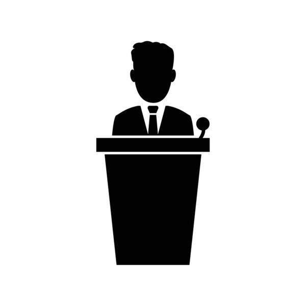 speaker black icon. orator speaking from tribune vector illustration