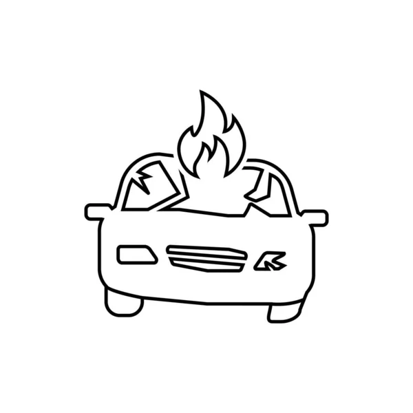 薄いアウトライン スタイルの火のアイコン上に車 自動車交通事故焼失事故保険金請求 — ストックベクタ