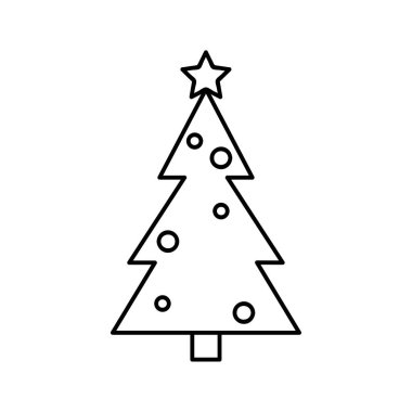 Noel ağacı satırı simgesi, dekore edilmiş kozalaklı Anahat vektör işareti, doğrusal piktogram beyaz izole. Ladin logo illüstrasyon