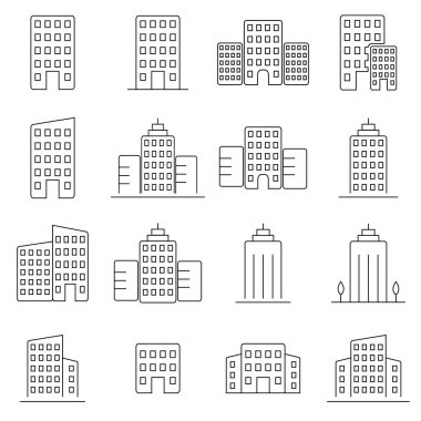 Bina çizgisi simgesi seti. Bilgi, logo, uygulama geliştirme ve web sitesi tasarımı için işaretler.