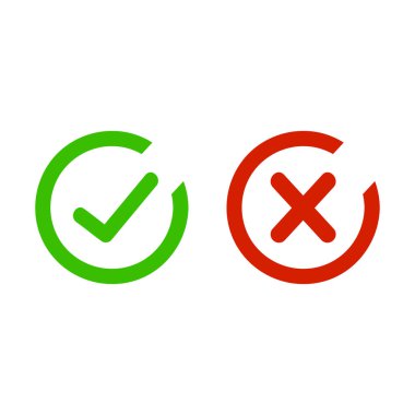 İnce çizgi onay işareti simgeler. Yeşil kene ve Kızıl Haç onay işaretli düz çizgi Icons set. Beyaz arka plan üzerinde izole vektör çizim