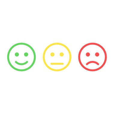 Gülen yüz simgeleri simgesi pozitif, nötr ve negatif, vektör izole edilmiş kırmızı ve yeşil farklı ruh hali.