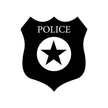 Şerif rozeti yıldız simgesi vektör ile düz işareti, üzerinde beyaz izole katı piktogram dolu. Kamu güvenliği sembolü, logo illüstrasyon