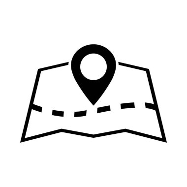 Düz konum simgesi. Beyaza izole edilmiş bir iğne ile harita. Hazine haritası