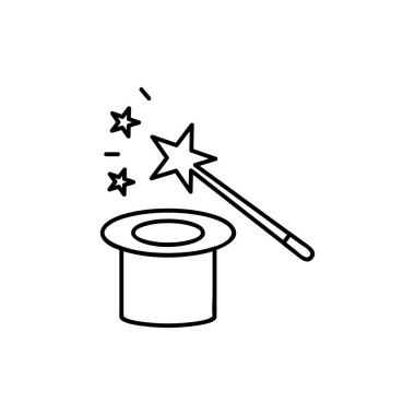 Sihir gösterisi. Bir şapka ile hüner. Yıldız silindir sihirli değnek ile. Düz tasarım. İnce çizgi stili. Beyaz arka plan üzerinde izole vektör çizim