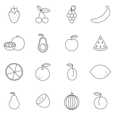 Meyve ve Sebze İlişkili Vektör Çizgisi Simgeleri. Elma, muz, hindistan cevizi, kiraz, karpuz, pancar, patates ve daha fazlası gibi ikonlar içerir. Basit resim grafikleri.