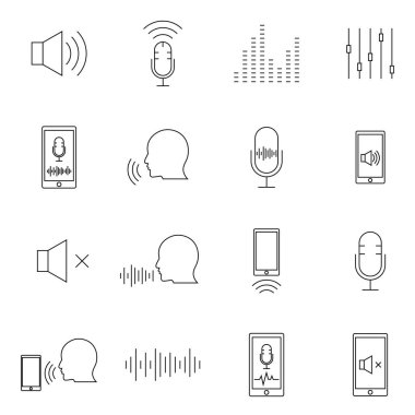 Konuşma tanıma cihazı. Sesli arama seti, yönlendirme ve sesli arama. Beyaz arkaplanda izole edilmiş vektör sembolleri. Basit resim grafikleri.