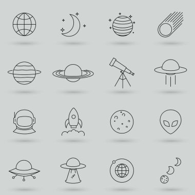 Boşlukla İlişkili Basit Vektör Satır Simgeleri. Roket, astronot, uzaylı, kuyruklu yıldız, uydu ve daha fazlası gibi ikonlar içeriyor. Sembol, logo illüstrasyonu.