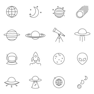 Boşlukla İlişkili Basit Vektör Satır Simgeleri. Roket, astronot, uzaylı, kuyruklu yıldız, uydu ve daha fazlası gibi ikonlar içeriyor. Sembol, logo illüstrasyonu.