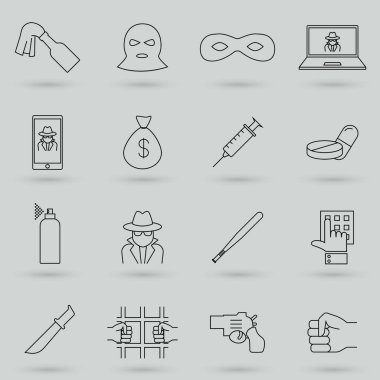 Suçla İlgili Basit Vektör Çizgisi Simgeleri. Hırsızlık, Terörizm, Korsanlık, Korsanlık ve daha fazlası gibi Iconlar içeriyor. Sembol, logo illüstrasyonu.