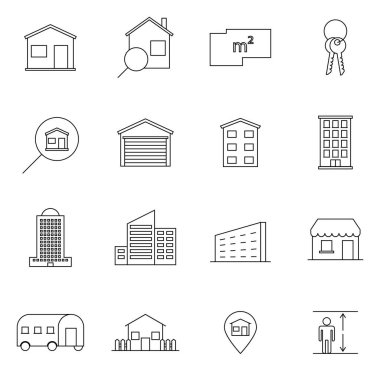 Özellik ve konaklama çizgisi simgesi ayarlandı. İkonlar ev, ev, saray, tatil köyü, daire, kule ve daha fazlası olarak dahil edildi. Sembol, logo illüstrasyonu.