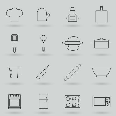 Basit Aşçılıkla İlgili Vektör Satırı Simgeleri. Mutfak Utensilleri, Kaynatma ve Kızartma Zamanı, Yemek Kitabı ve daha fazlasını içeriyor. Sembol, logo illüstrasyonu.