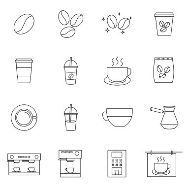 Basit kahve seti İlgili Vektör Hattı Simgeleri. Cezve, Kahve Makinesi, Fasulye ve daha fazlası gibi simgeler içerir.