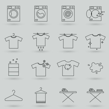 Çamaşırhaneyle İlgili Basit Vektör Satırı Simgeleri. Çamaşır Makinesi, Kurutucu, Kirli Tişört ve daha fazlası gibi simgeler içerir.