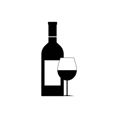 Bardak ve bir şişe şarap. Siyah siluet. Vektör illüstrasyonu beyaz arkaplanda izole edildi