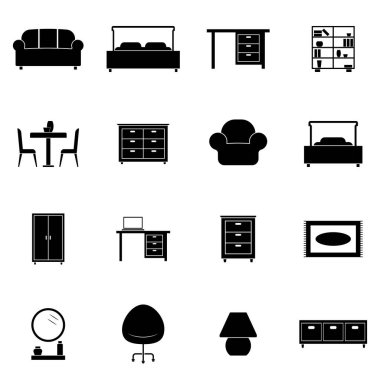 Vektör ikonu seti - vektör yatağı, ofis sandalyesi, yatak odası döşenmiş mobilyalar, restoran masası ve daha fazlası.