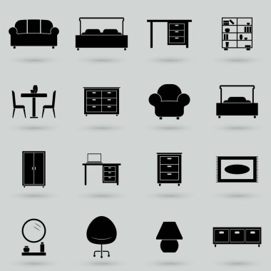 Vektör ikonu seti - vektör yatağı, ofis sandalyesi, yatak odası döşenmiş mobilyalar, restoran masası ve daha fazlası.