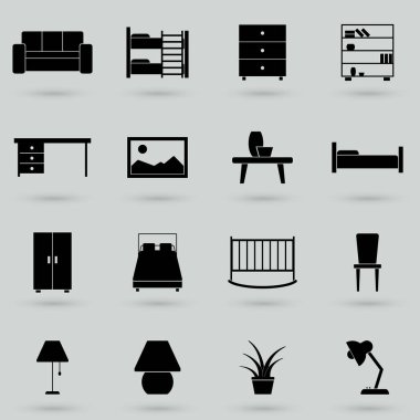 Vektör ikonu seti - vektör yatağı, ofis sandalyesi, yatak odası döşenmiş mobilyalar, restoran masası ve daha fazlası.