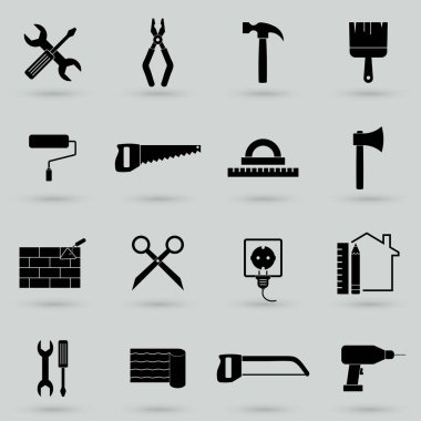 Basit inşaat simgeleri ayarlandı. Web ve mobil UI için kullanılacak evrensel araç simgeleri, temel yapı elemanları kümesi