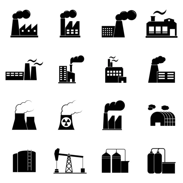 Industrial Building Factory Power Plants Icon Set — Stock Vector