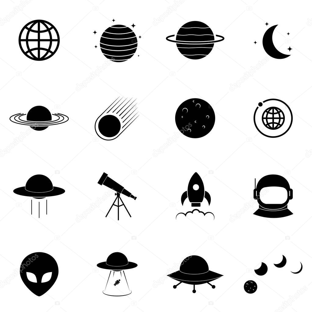 Collection of 16 space and astronomy icons. Vector illustration.