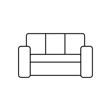 Kanepe, kanepe satırı simgesi, Anahat vektör işareti, üzerinde beyaz izole doğrusal stil piktogram. Mobilya sembolü, logo illüstrasyon