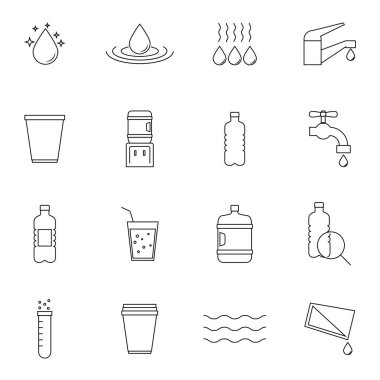 Modern ince çizgi stili suda kümesi. Web sitesi tasarımı ve mobil uygulamalar için yüksek kaliteli siyah anahat damla sembolleri. Beyaz bir arka plan üzerinde basit su sembollerin.