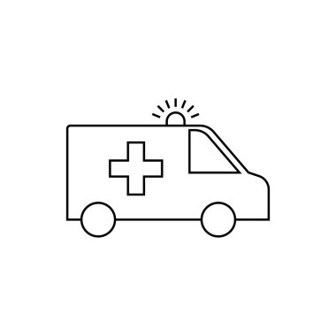 Beyaz arka planda siren vektör çizgisi simgesi olan ambulans aracı. Infographic, web sitesi ya da uygulama için ambulans araç hattı simgesi. Izgara sisteminde simge dizayn edildi.