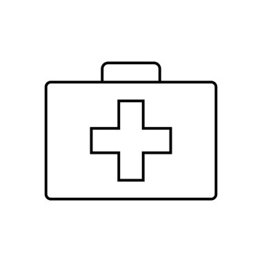 İlk yardım kiti satırı simgesi, Anahat vektör işareti üzerinde beyaz izole doğrusal stil piktogram. Doktorlar çanta ile çapraz, tıbbi bavul sembolü, logo illüstrasyon. Düzenlenebilir kontur