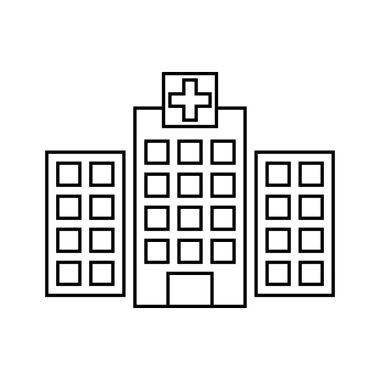 Hastane çizgisi simgesi, taslak vektör işareti, beyaz üzerine izole edilmiş doğrusal resim. Tıbbi yapı sembolü, logo illüstrasyonu.