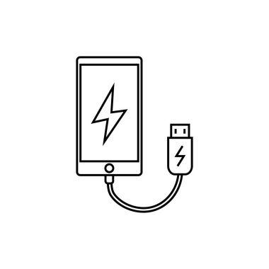 Mobil güç şarj simgesi işareti. Akıllı telefon şarj sembolü. Beyaz arkaplanda ince çizgi simgesi. Vektör illüstrasyonu.