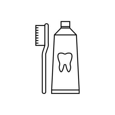 Diş fırçası ve diş macunu ikonu. Kaliteli grafik tasarım elementleri. Modern işaret, doğrusal ana hat pictogram, basit ince çizgi simgesi