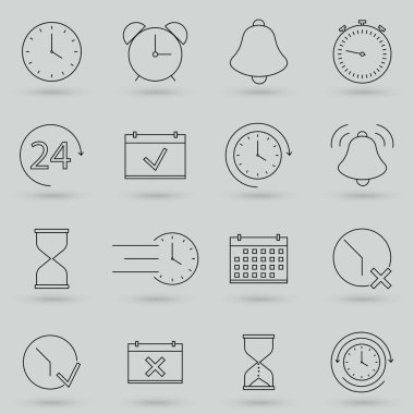 Zamanla İlişkili Basit Vektör Satır Simgeleri Kümesi. Zamanlayıcı, Hız, Alarm, Yenileme, Zaman Yönetimi, Takvim ve daha fazlası gibi simgeler içerir. Düz tasarım