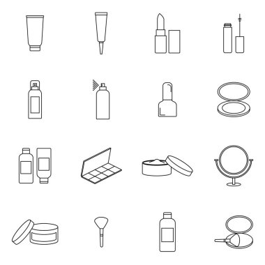 Kozmetikle İlgili Basit Vektör Çizgisi Simgeleri. İçinde krem şişesi, ruj, makyaj fırçası ve daha fazlası var. Düz tasarım