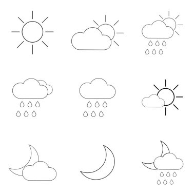 Hava tahmini - ana ağ simgesi seti, vektör, ince çizgi simgeleri koleksiyonu