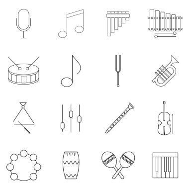 Müzik aletleri koleksiyonu simgeleri. Müzik, dans, şarkı söyleme, konserler veya müzik enstrümanları çalan sitelerde bu tür simgeleri içerir. Düzenlenebilir hareket. 32x32 Piksel Mükemmel.