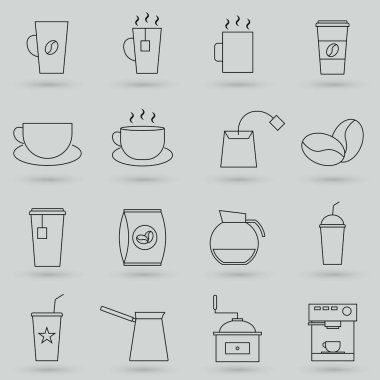 Basit Kahve ve Çay Vektörü Hattı Simgeleri. İçinde çay, çay poşeti, kahve çekirdekleri ve bir sürahi su, şeker küpleri gibi ikonlar var. Düzenlenebilir Vuruş. 32x32 Piksel Mükemmel