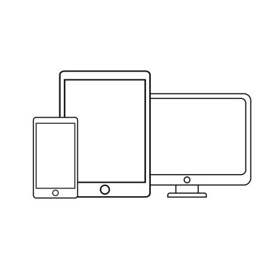 Modern dijital cihazlar beyaz arkaplanda ince çizgi simgesi. Sembol, logo çizimi. Piksel mükemmel