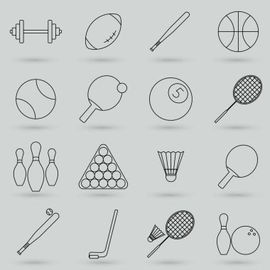 Spor topları, hobiler, eğlence vektör çizgisi simgeleri. Futbol, basketbol, bowling, tenis ve daha pek çok şeyin sembollerini içerir. Özet web simgesi seti