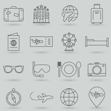 Seyahat bağlantılı vektör simgesi ayarlandı. İnce çizgi şeklinde iyi hazırlanmış tabela. Beyaz arkaplanda izole edilmiş vektör sembolleri. Basit resim grafikleri.