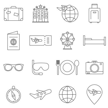 Seyahat bağlantılı vektör simgesi ayarlandı. İnce çizgi şeklinde iyi hazırlanmış tabela. Beyaz arkaplanda izole edilmiş vektör sembolleri. Basit resim grafikleri.
