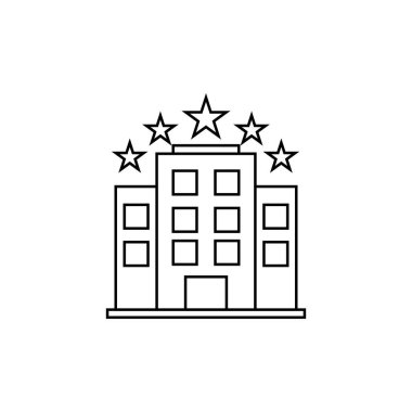 Otel inşaatı ikonu. Siyah beyaz izole bir sembol. Logo şablonu. Web siteleri için özet kavramı.