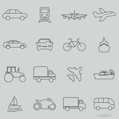 Gri Arkaplanda Kaliteli Evrensel Standart Minimum Ulaşım Siyah İnce Çizgi Simgeleri seti. Düz çizgi vektör illüstrasyonu