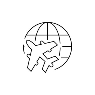 Uçak Dünya 'nın etrafında uçuyor. Logo. Moda düz ui işaret tasarımı, grafik pictogram.