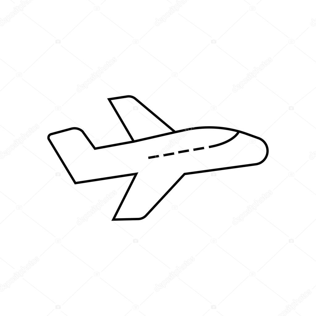 Airplane icon in thin outline style. Aviation transportation take-off travel passenger. Vector Icon Isolated on White Background. Trendy flat ui sign design, graphic pictogram.