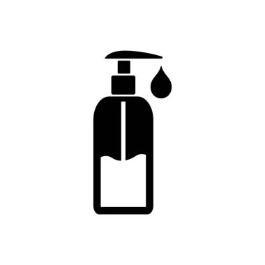 Damla sembollü sıvı sabun şişesi. Siluet sembolü. Duş jeli. Boşluk yok. Vektör izole illüstrasyonu