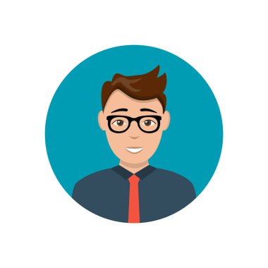 Gülümseyen avatarlı adam. Sevimli, mutlu, yüzü düz, mavi daireli, beyaz bir adam. Kişinin karakteri, avatarı, operatörü, hesabı. Danışmanlık, internet işi, internet. Merkezi ara. Yardım hattı. Web tasarımı