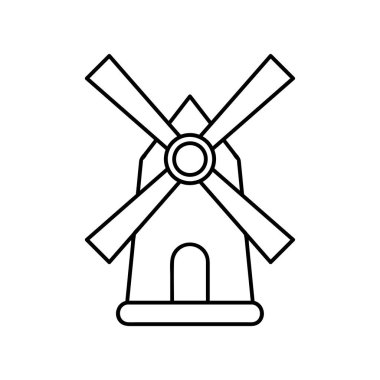 Değirmen simgesi. Beyaz arka planda izole edilmiş kaliteli pictogram. Vektör çizimi. Yüksek kalite bir sembol. Modern satır biçiminde yel değirmeni simgesi.